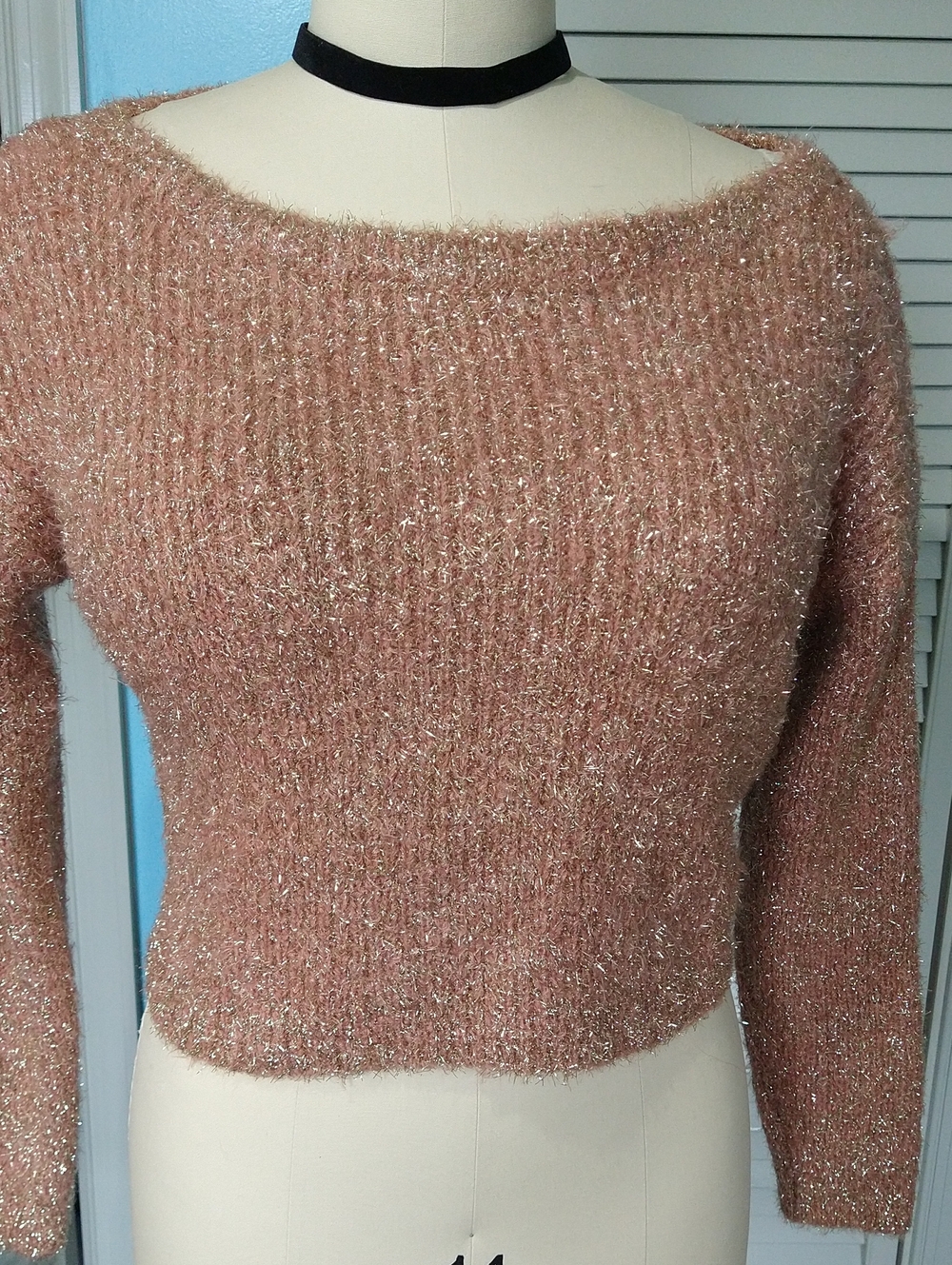 Forever 21 Metallic Peach Off-the-Shoulder Fuzzy Sweater